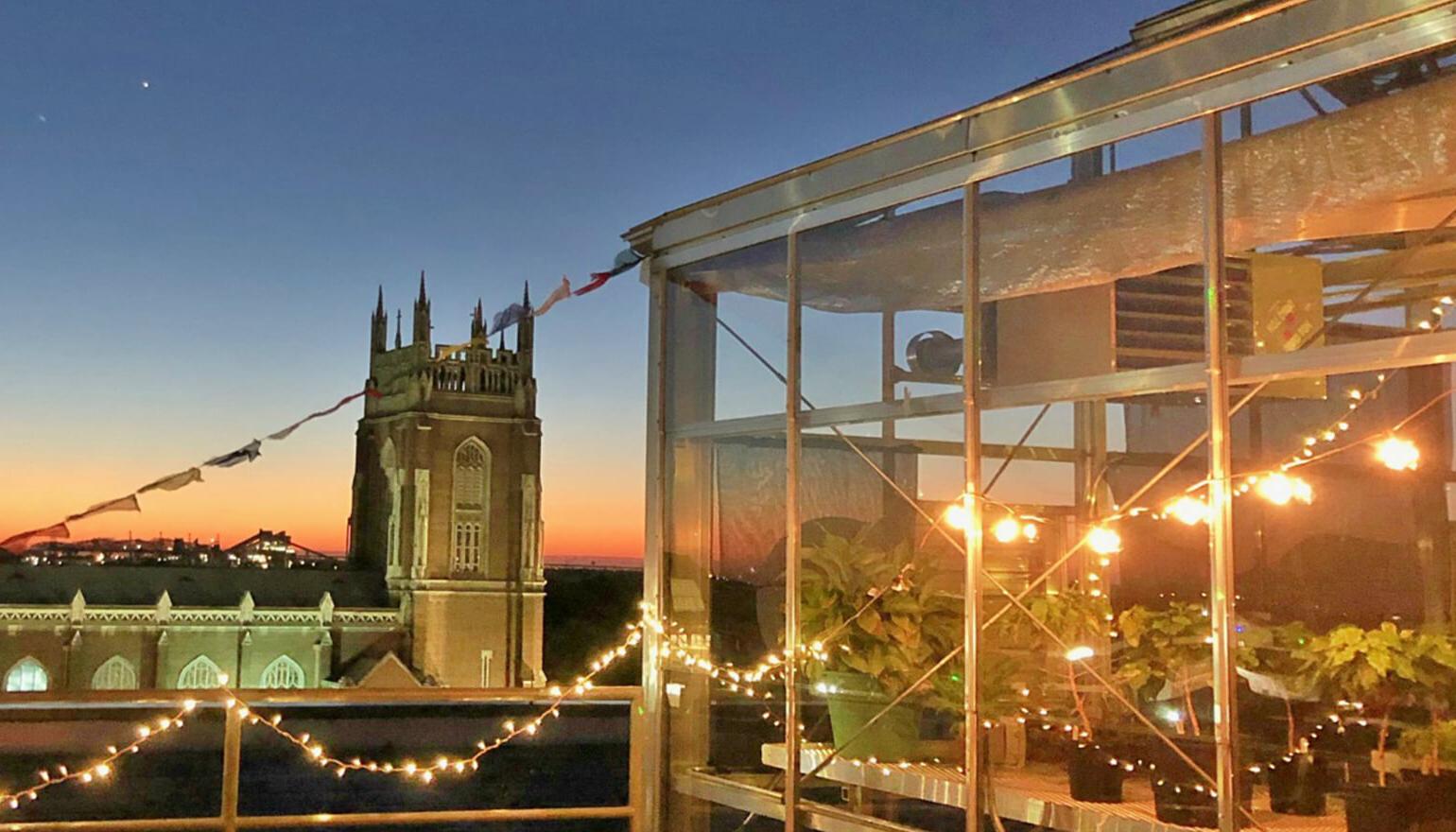 View of Holy Name from rooftop Azby Greehouse at night